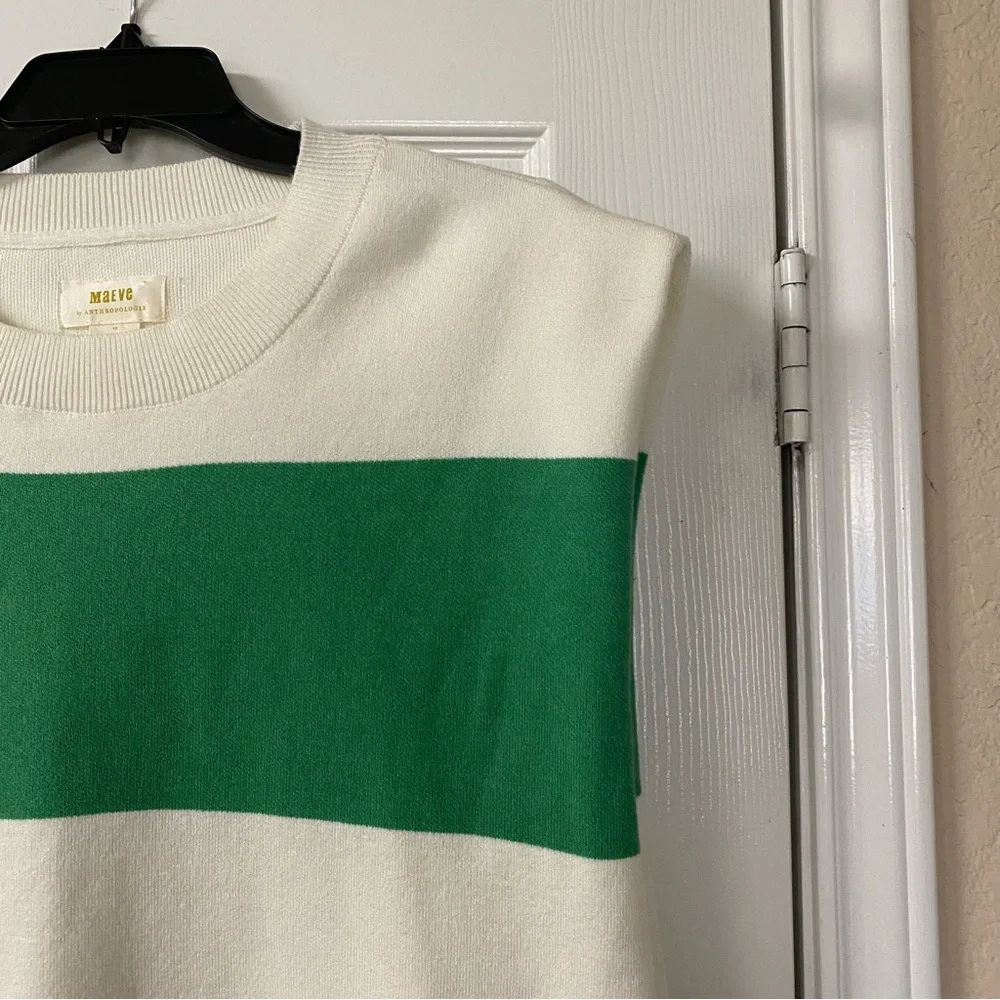 Anthropologie Maeve Green & Cream Striped Muscle Knit Sleeveless Tee Size 1X - Picture 2 of 14